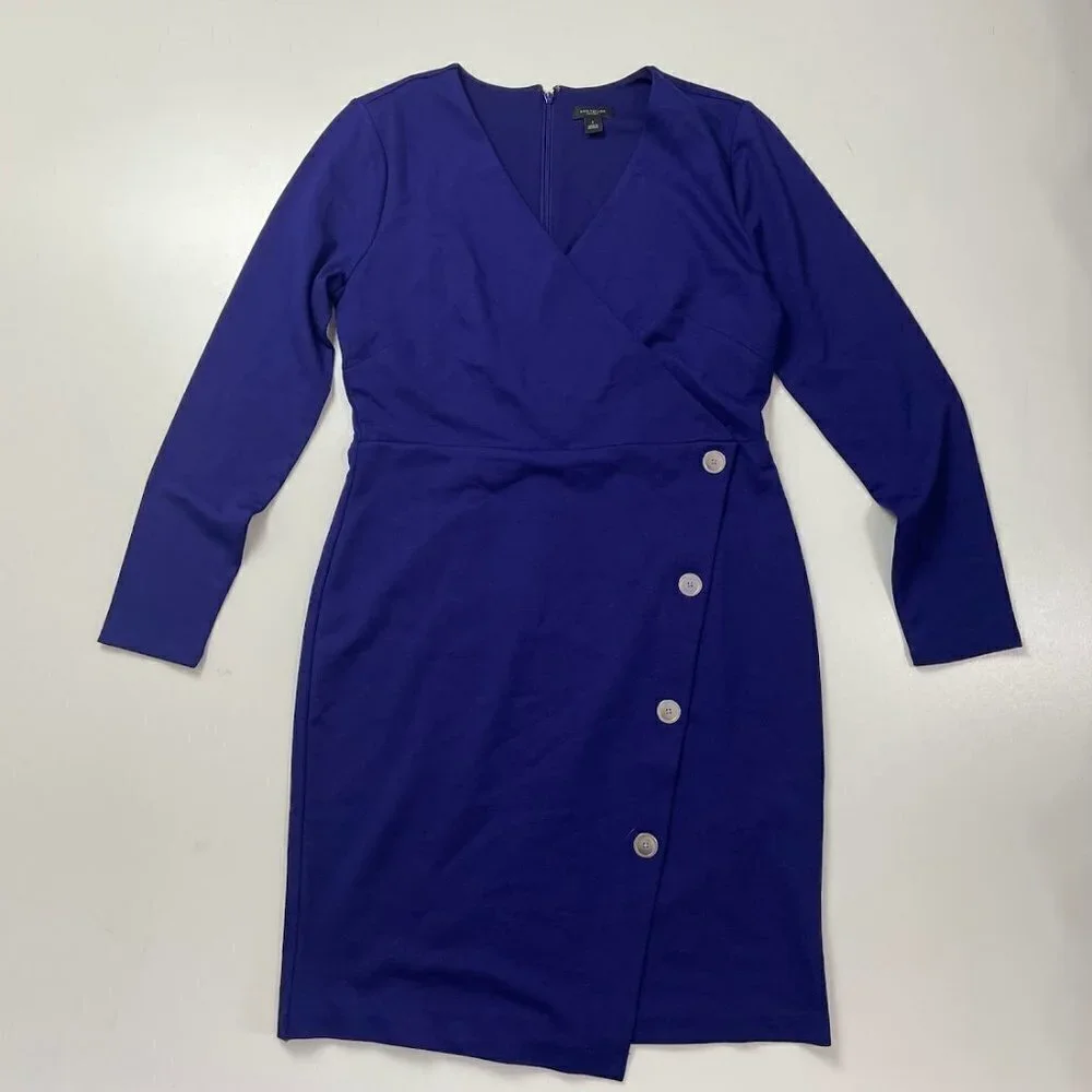 Ann Taylor Dress Midnight Regatta Blue Faux Wrap Button Asymmetrical Wedding 6